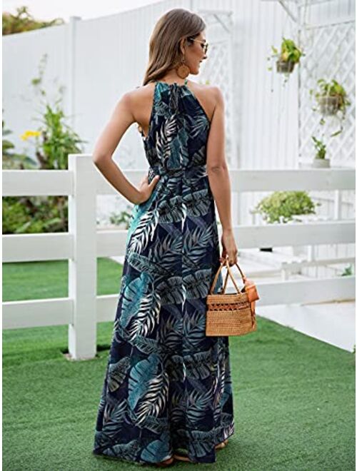 Floerns Women's Summer Tropical Floral Print Halter Neck Split Maxi Dress