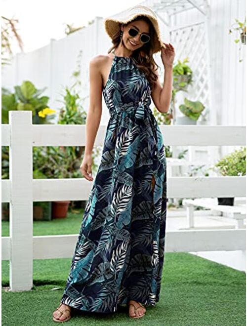 Floerns Women's Summer Tropical Floral Print Halter Neck Split Maxi Dress