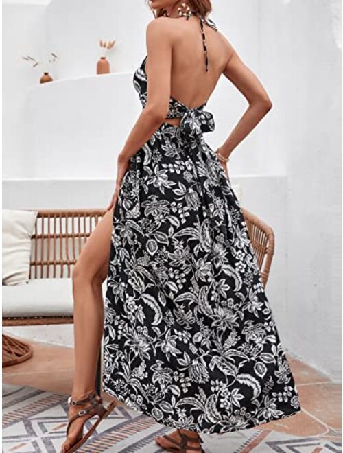 DIDK Women's Tropical Print Split Thigh Twist Front Sleeveless Tie Back Maxi Dresses