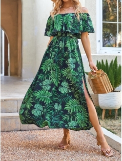 Dress for Women Summer A Shape Dresses Off Shoulder Sleeve Maxi Length Ruffle Fitted Waisted Tropical Printed
