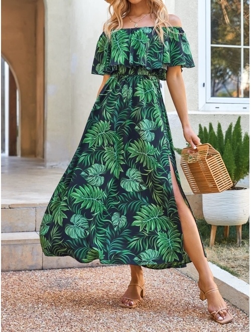 CUPSHE Dress for Women Summer A Shape Dresses Off Shoulder Sleeve Maxi Length Ruffle Fitted Waisted Tropical Printed