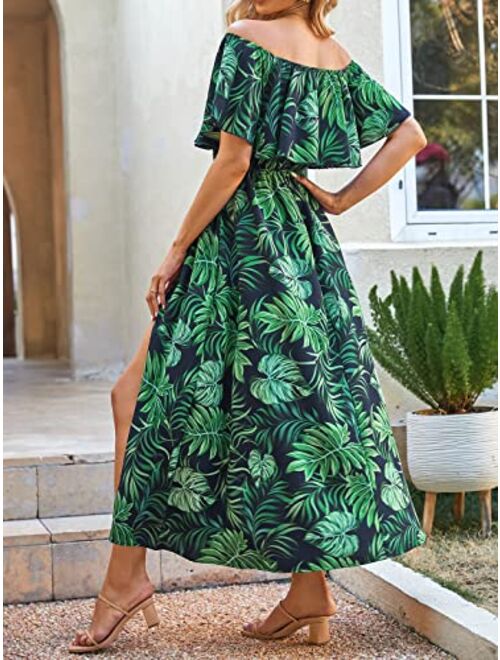 CUPSHE Dress for Women Summer A Shape Dresses Off Shoulder Sleeve Maxi Length Ruffle Fitted Waisted Tropical Printed