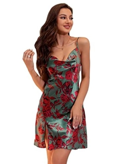 Women's Summer Spaghetti Strap Cowl Neck Satin Mini Tropical Dress