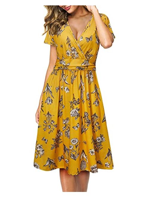 Newshows Women's Summer Short Sleeve Dress V Neck Floral Casual Faux Wrap Party Midi Sundress with Pockets
