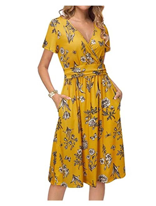 Newshows Women's Summer Short Sleeve Dress V Neck Floral Casual Faux Wrap Party Midi Sundress with Pockets
