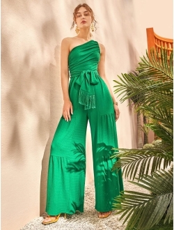 Women's Solid One Shoulder Sleeveless Belted Wide Leg Pants Jumpsuit