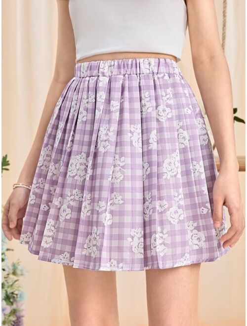 Shein Teen Girls Gingham & Floral Print Pleated Skirt
