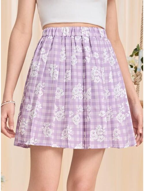 Shein Teen Girls Gingham & Floral Print Pleated Skirt