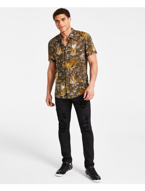 GUESS Men's Short-Sleeve Tiger Jungle Print Shirt