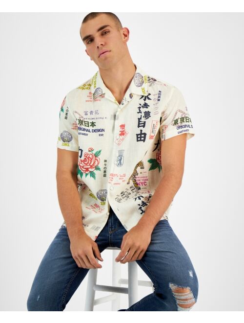 GUESS Men's East West Printed Button-Down Linen Camp Shirt