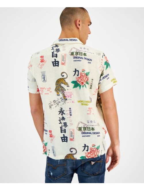 GUESS Men's East West Printed Button-Down Linen Camp Shirt