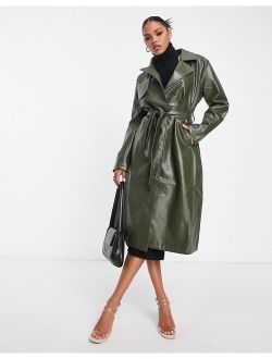 Aria Cove faux leather trench coat in khaki