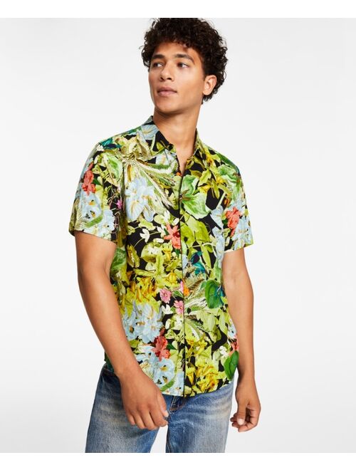 GUESS Men's Floral-Print Woven Challis Short-Sleeve Shirt