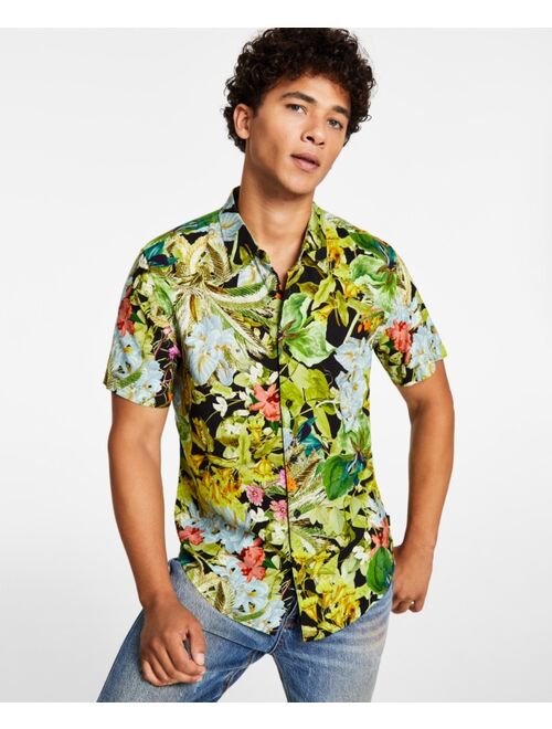 GUESS Men's Floral-Print Woven Challis Short-Sleeve Shirt