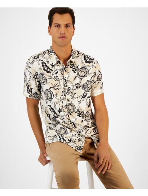 GUESS Men's Floral Chain Print Short-Sleeve Button-Front Shirt