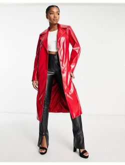 vinyl faux leather trench coat in bright red