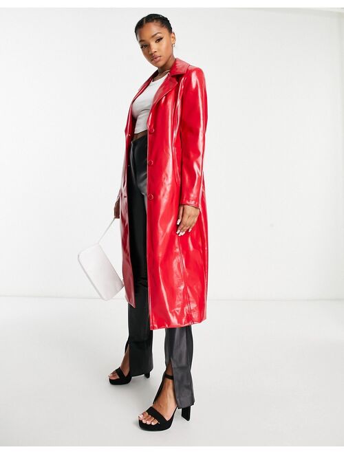 Miss Selfridge vinyl faux leather trench coat in bright red