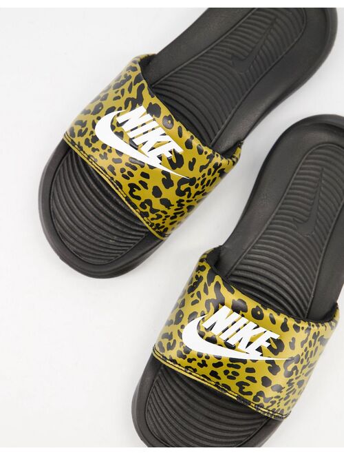 Nike Victori One leopard print sliders in black/brown