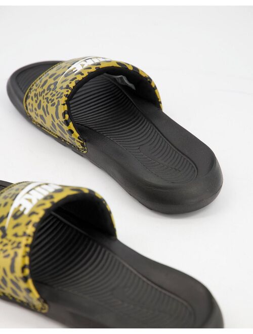 Nike Victori One leopard print sliders in black/brown