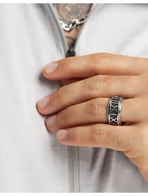 ASOS DESIGN waterproof stainless steel band ring with embossed Roman numerals in silver tone