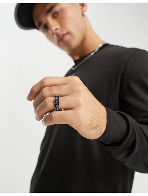 ASOS DESIGN waterproof stainless steel band ring with 3D embossed rose design in silver tone