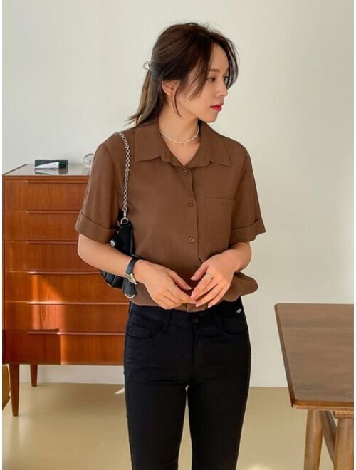 DAZY Patched Pocket Roll Up Sleeve Shirt