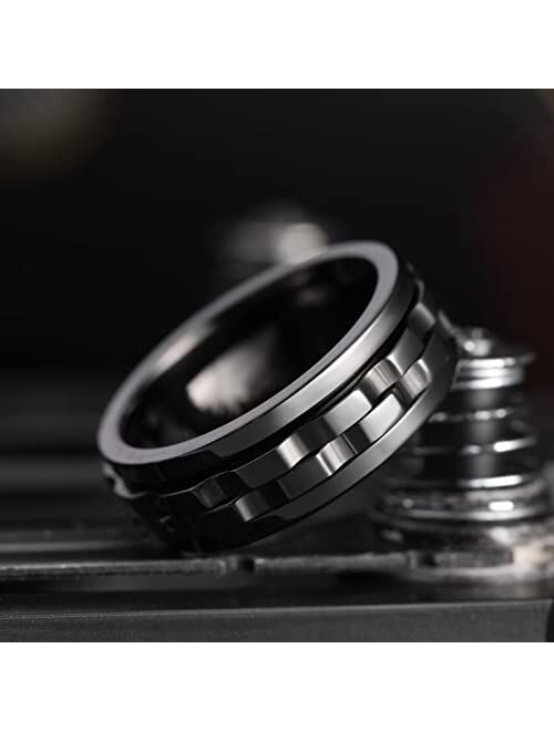 King Will Mens Black Blue Gear Spinner Rings Stainless Steel Fidgets Two Black Gear Fidget Ring High Polish Anxiety Ring For Men Women Wedding Band