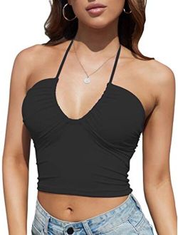 Honlyps Padded Crop Tank Tops for Women Longline Sports Bra Ribbed Sexy Strappy Camisole Halter V Neck Backless Sleeveless Clubwear