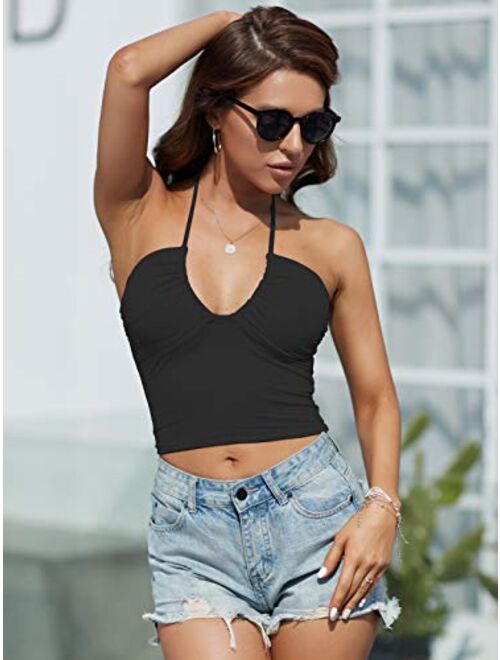 Honlyps Padded Crop Tank Tops for Women Longline Sports Bra Ribbed Sexy Strappy Camisole Halter V Neck Backless Sleeveless Clubwear