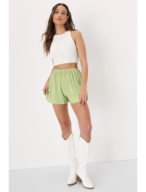 Lulus Casually Luxe Lime Green Satin Plisse Shorts