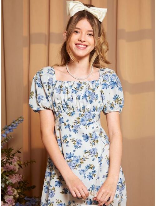 SHEIN Teen Girls Floral Print Split Thigh Dress
