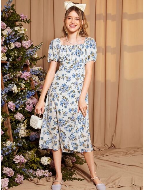 SHEIN Teen Girls Floral Print Split Thigh Dress