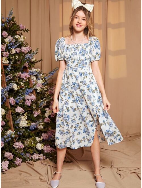 SHEIN Teen Girls Floral Print Split Thigh Dress