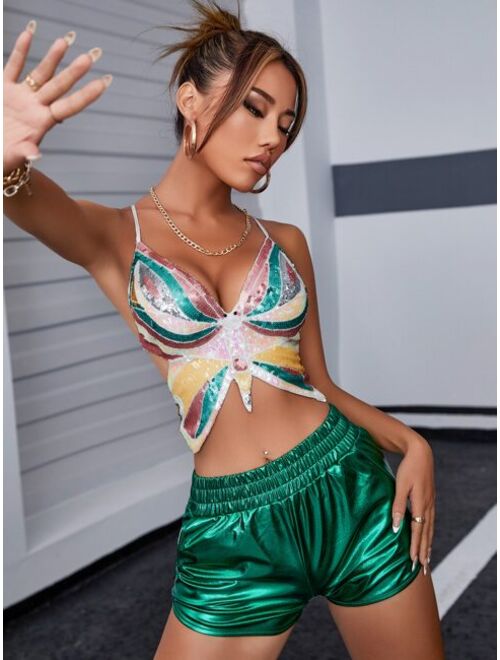 Apperloth A Lace Up Backless Sequin Butterfly Shape Cami Top