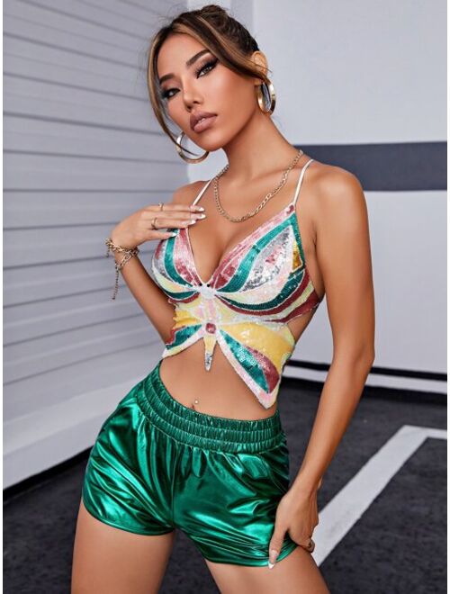 Apperloth A Lace Up Backless Sequin Butterfly Shape Cami Top