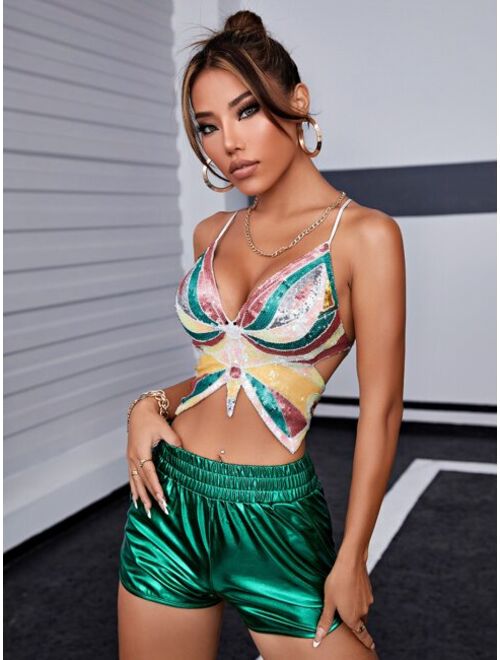 Apperloth A Lace Up Backless Sequin Butterfly Shape Cami Top