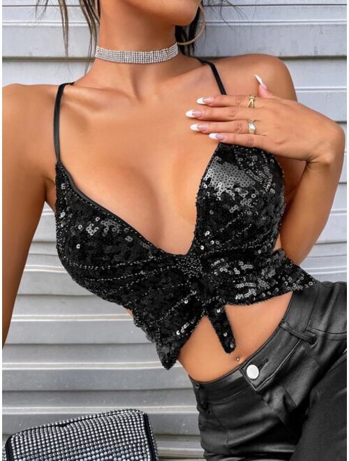 Apperloth A Lace Up Backless Sequin Butterfly Shape Cami Top