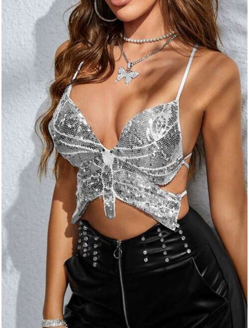Apperloth A Lace Up Backless Sequin Butterfly Shape Cami Top