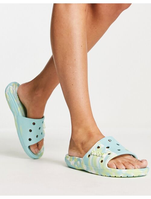 Crocs classic slide flat sandals in celery marble
