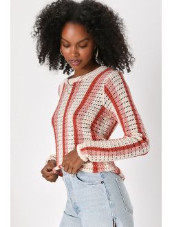 Retro Em Gee Pink Multi Striped Crochet Pullover Sweater