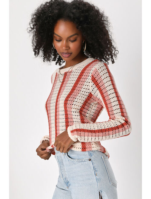 Lulus Retro Em Gee Pink Multi Striped Crochet Pullover Sweater