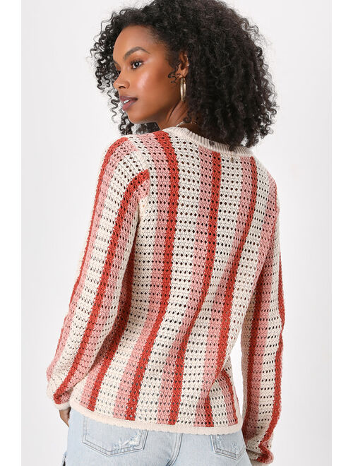 Lulus Retro Em Gee Pink Multi Striped Crochet Pullover Sweater