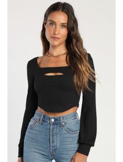 Ready for Attention Black Ribbed Bustier Cutout Crop Top