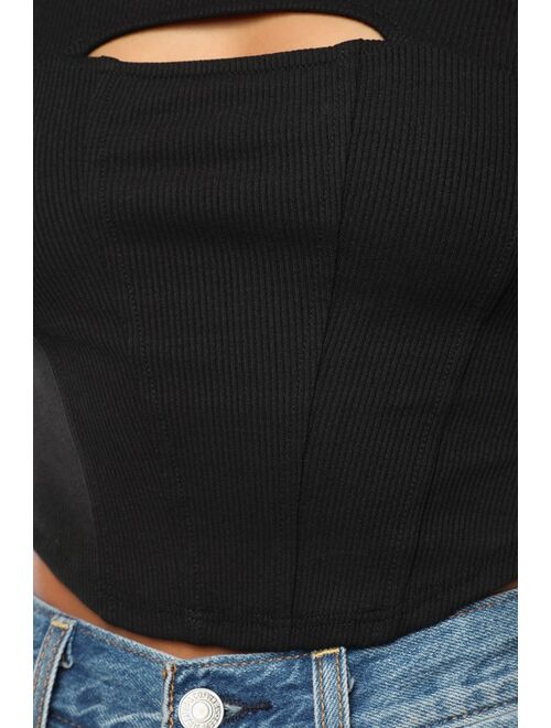 Lulus Ready for Attention Black Ribbed Bustier Cutout Crop Top