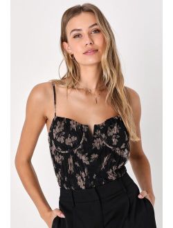 Chic Babe Black Floral Print Mesh Sleeveless Bustier Bodysuit