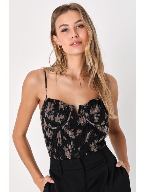 Lulus Chic Babe Black Floral Print Mesh Sleeveless Bustier Bodysuit