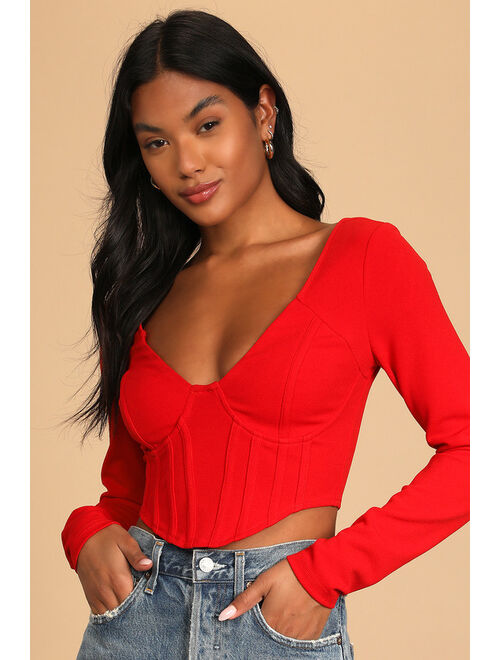 Lulus Got You Impressed Red Long Sleeve Bustier Crop Top