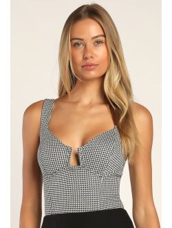 Classic Crush Black and White Houndstooth Print Notched Bodysuit