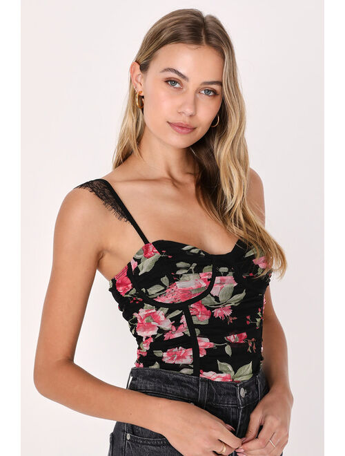 Lulus All About the Moment Black Floral Print Mesh Bustier Bodysuit