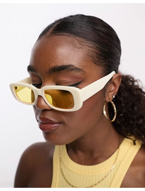 Monki small rectangle sunglasses in cream with yellow tinted lenses